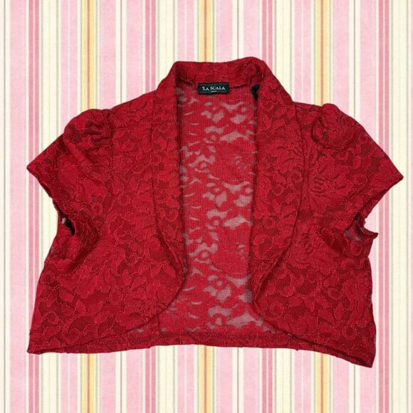 La Scala Womens Red Lace Open Front Cropped Shrug - Picture 1 of 6